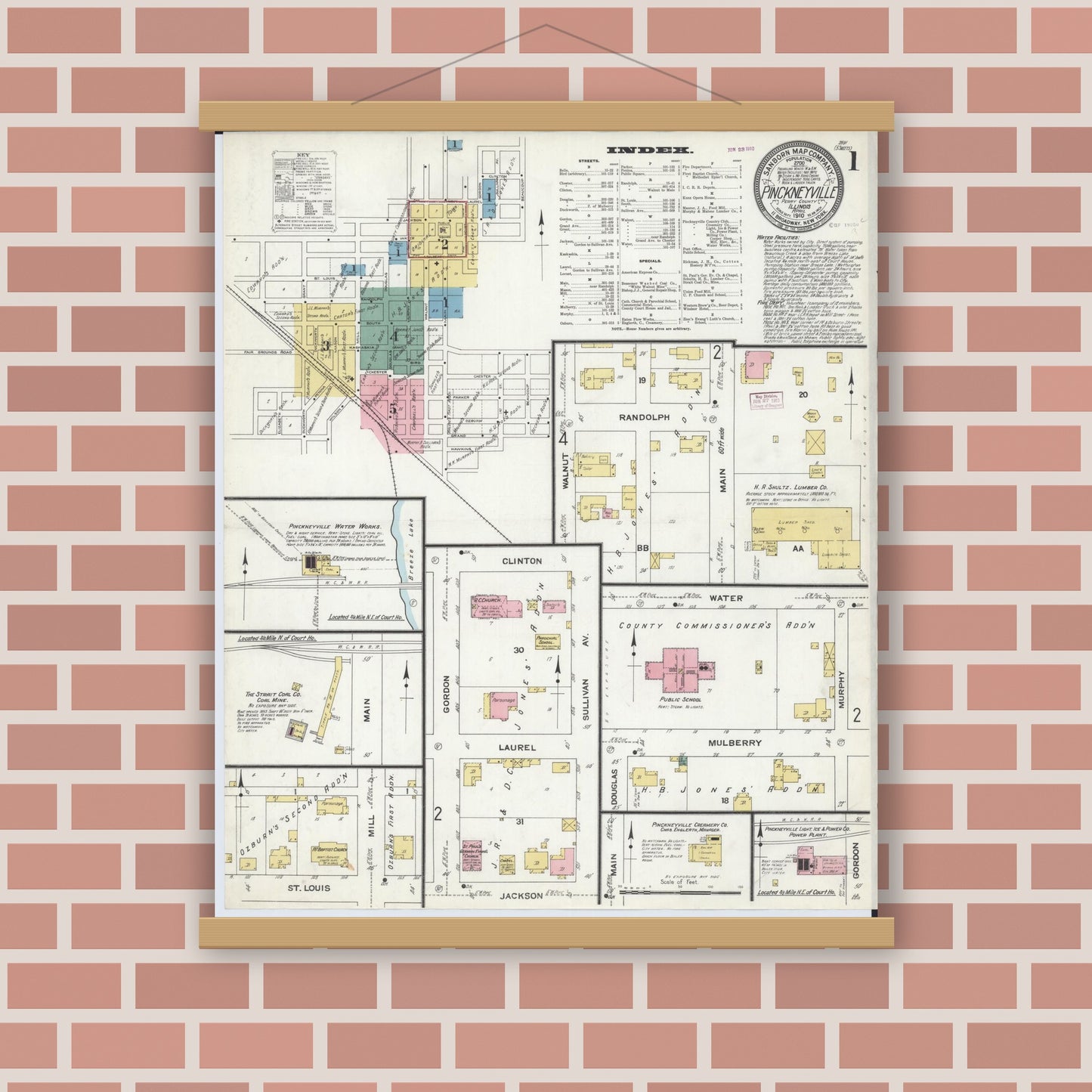 Old map wall art mockup — magnetic wood frame on brick wall — Sanborn Fire Insurance Map from Pinckneyville, Perry County, Illinois (1910) - Complete Map Set