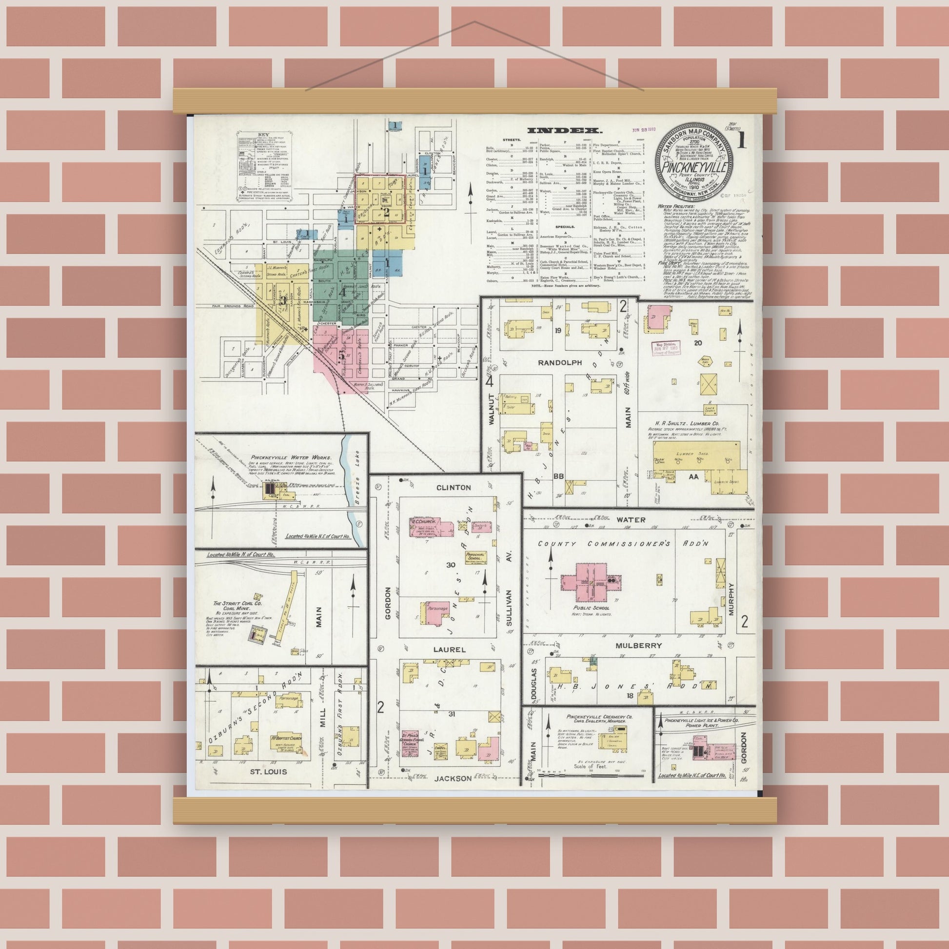 Old map wall art mockup — magnetic wood frame on brick wall — Sanborn Fire Insurance Map from Pinckneyville, Perry County, Illinois (1910) - Complete Map Set