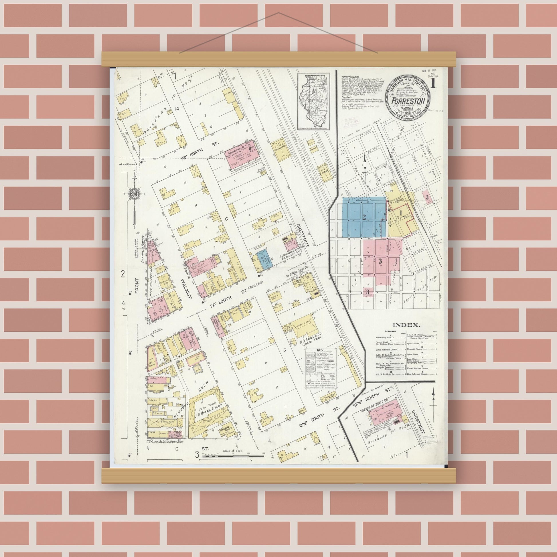 Old map wall art mockup — magnetic wood frame on brick wall — Sanborn Fire Insurance Map from Forreston, Ogle County, Illinois (1912) - Complete Map Set