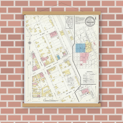 Old map wall art mockup — magnetic wood frame on brick wall — Sanborn Fire Insurance Map from Forreston, Ogle County, Illinois (1912) - Complete Map Set