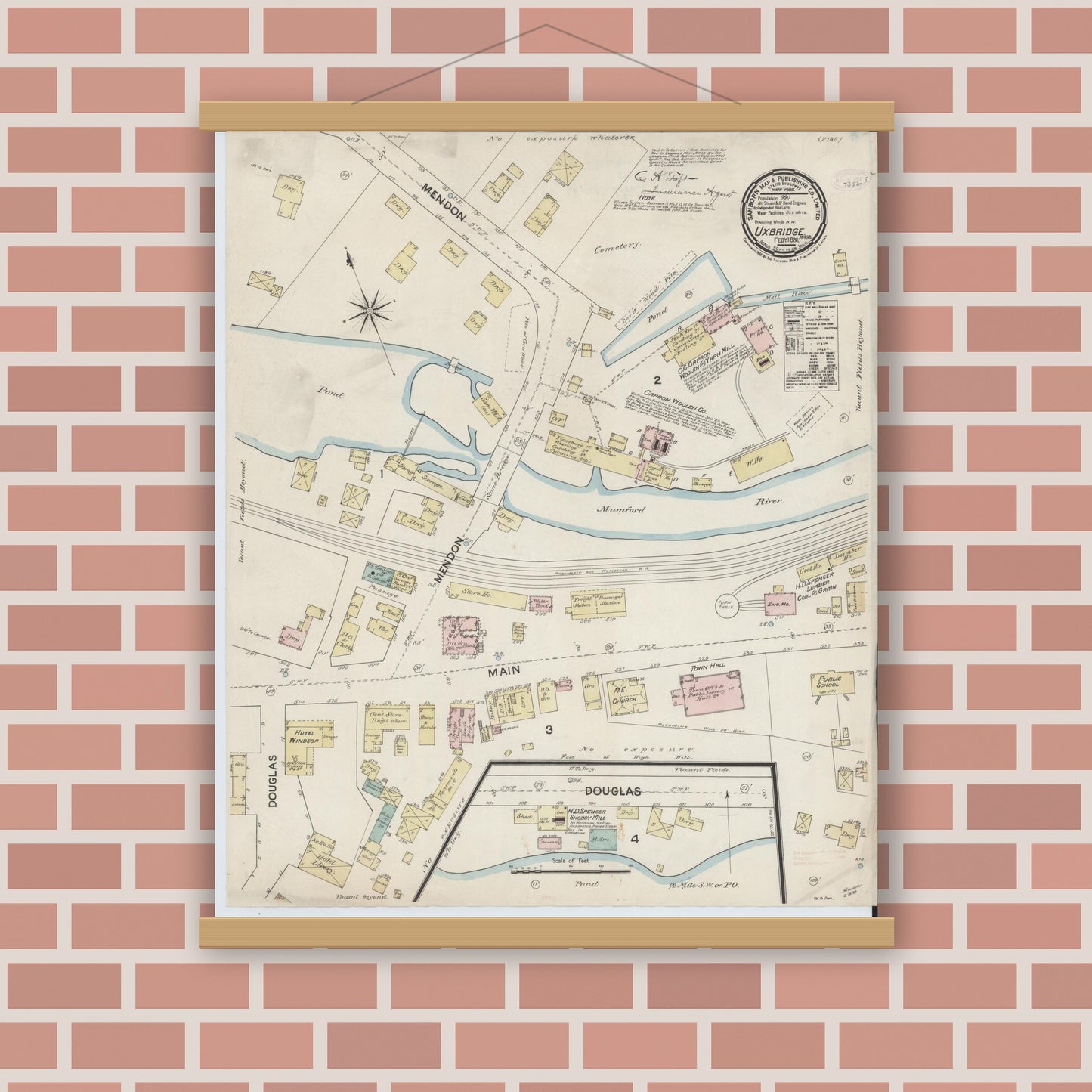 Old map wall art mockup — magnetic wood frame on brick wall — Sanborn Fire Insurance Map from Uxbridge, Worcester County, Massachusetts (1888), Sheet #0001