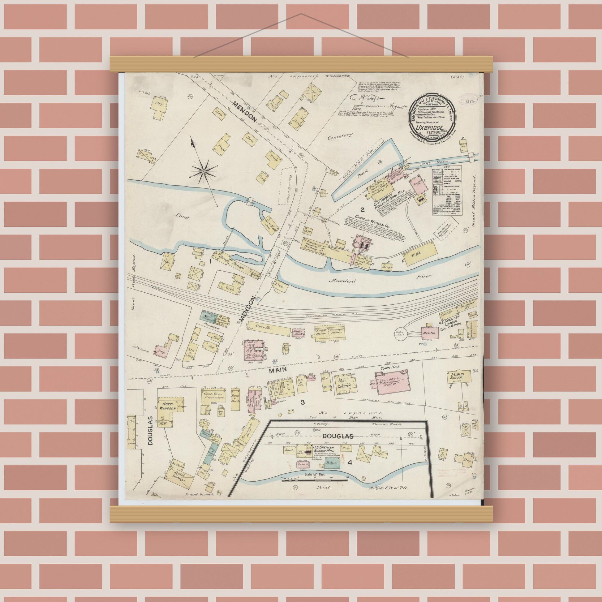 Old map wall art mockup — magnetic wood frame on brick wall — Sanborn Fire Insurance Map from Uxbridge, Worcester County, Massachusetts (1888), Sheet #0001