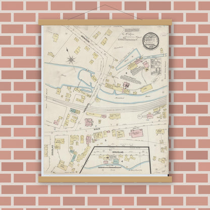 Old map wall art mockup — magnetic wood frame on brick wall — Sanborn Fire Insurance Map from Uxbridge, Worcester County, Massachusetts (1888), Sheet #0001