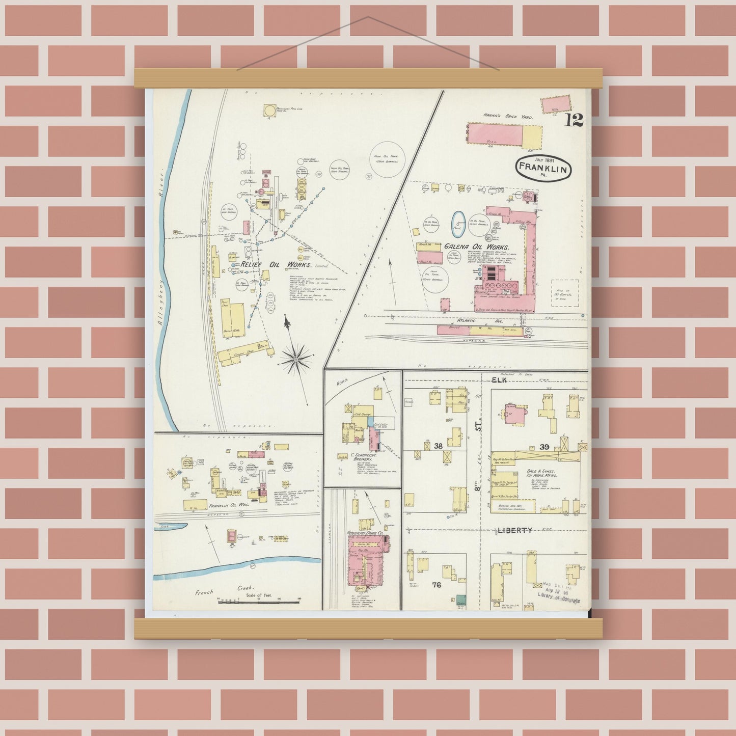 Old map wall art mockup — magnetic wood frame on brick wall — Sanborn Fire Insurance Map from Franklin, Venango County, Pennsylvania (1891), Sheet #0012