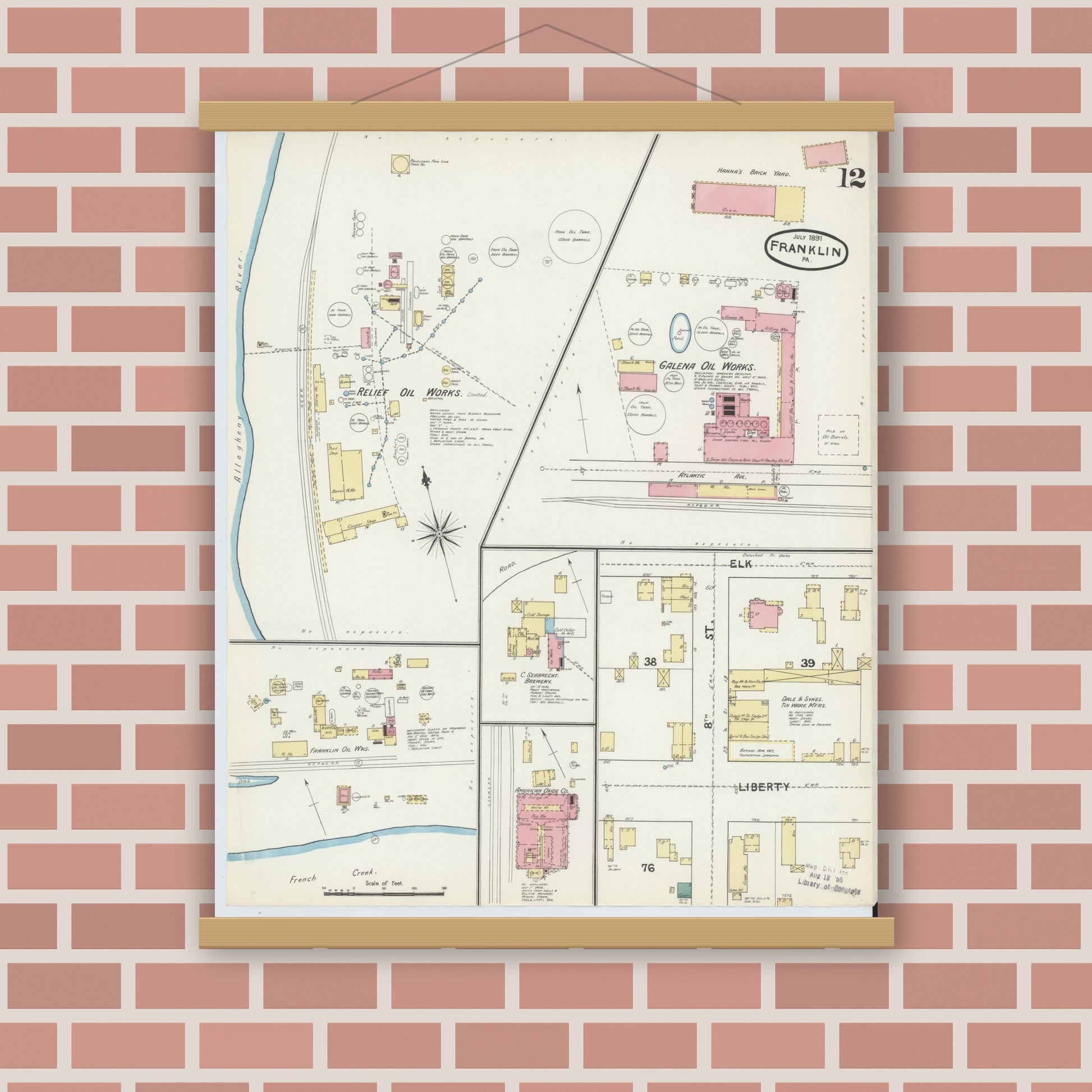 Old map wall art mockup — magnetic wood frame on brick wall — Sanborn Fire Insurance Map from Franklin, Venango County, Pennsylvania (1891), Sheet #0012