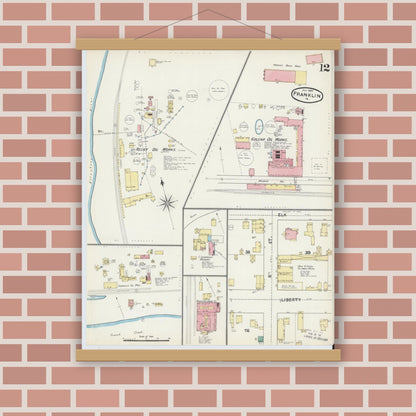 Old map wall art mockup — magnetic wood frame on brick wall — Sanborn Fire Insurance Map from Franklin, Venango County, Pennsylvania (1891), Sheet #0012
