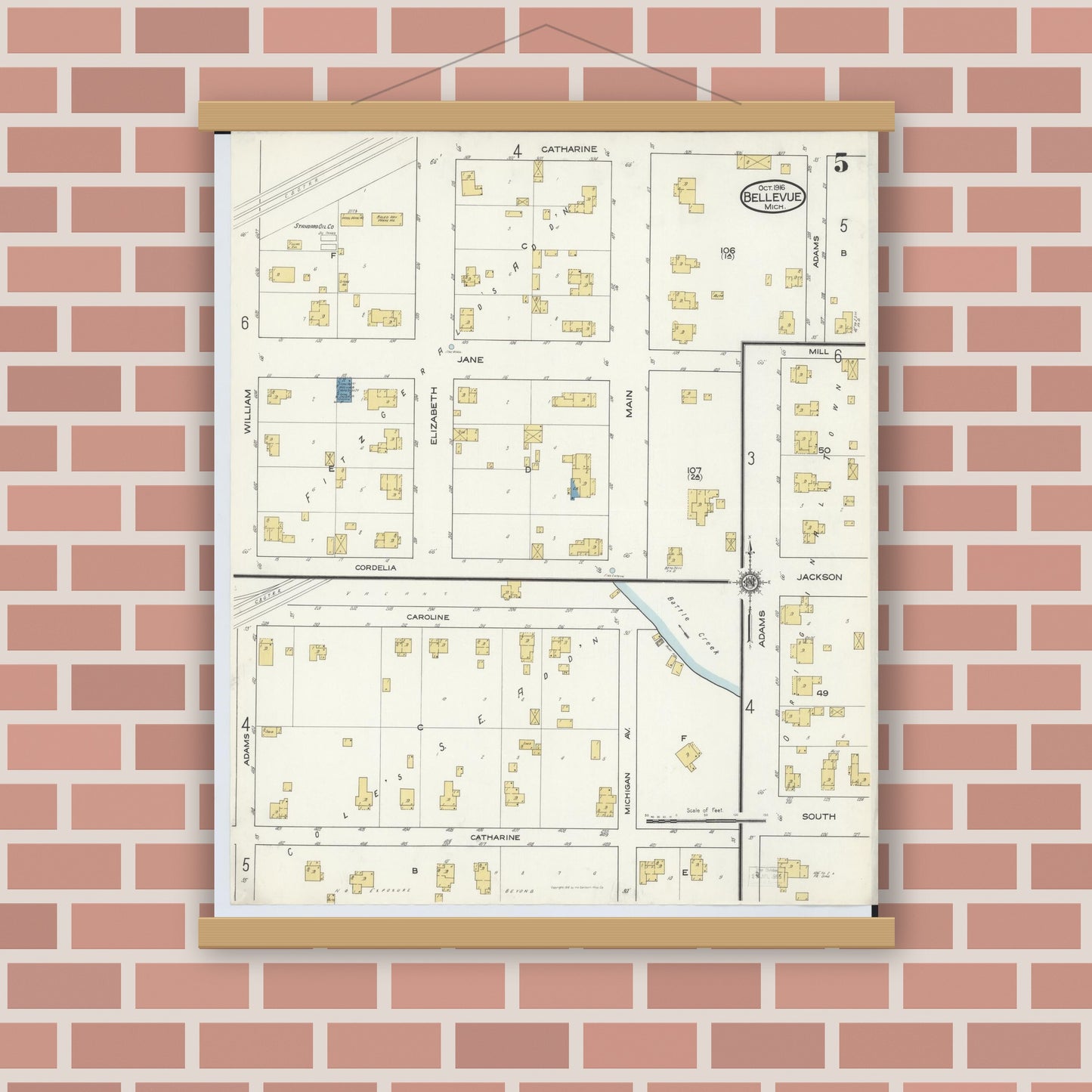 Old map wall art mockup — magnetic wood frame on brick wall — Sanborn Fire Insurance Map from Bellevue, Eaton County, Michigan (1916), Sheet #0005