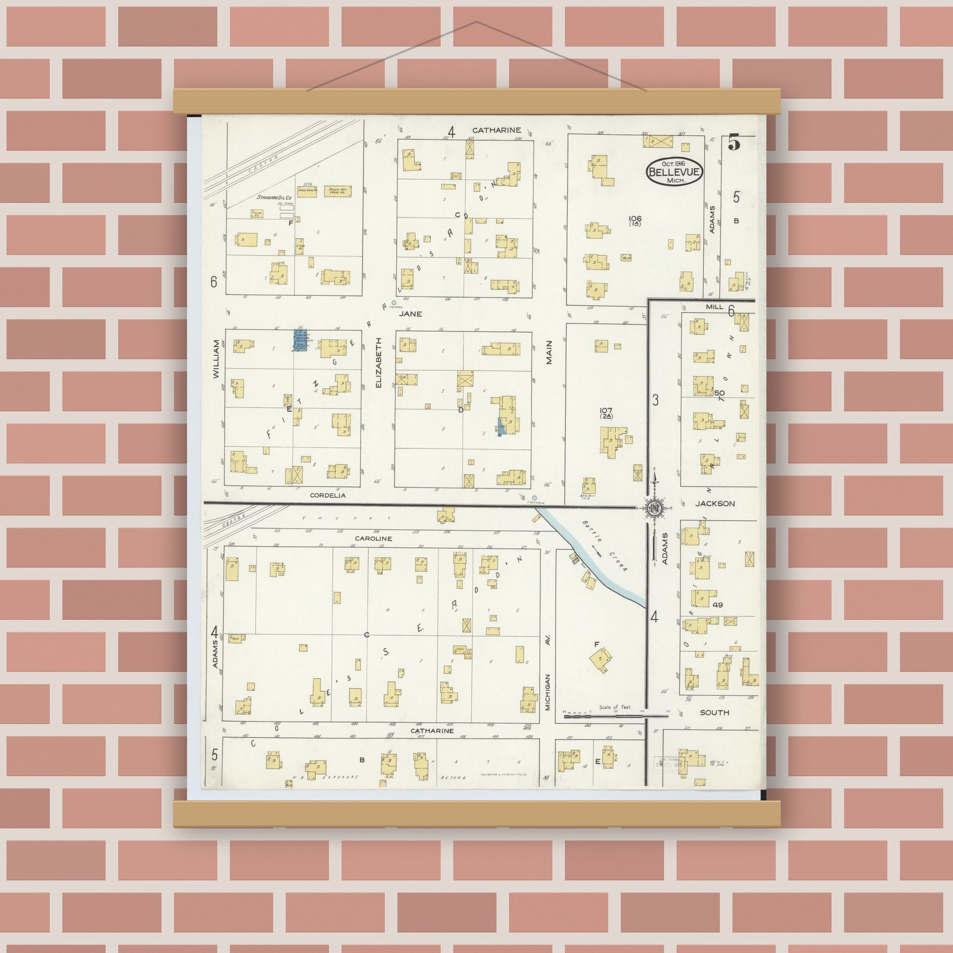 Old map wall art mockup — magnetic wood frame on brick wall — Sanborn Fire Insurance Map from Bellevue, Eaton County, Michigan (1916), Sheet #0005