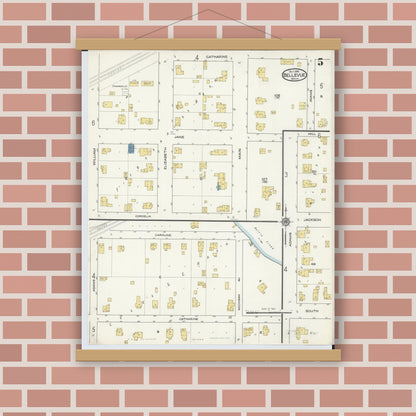 Old map wall art mockup — magnetic wood frame on brick wall — Sanborn Fire Insurance Map from Bellevue, Eaton County, Michigan (1916), Sheet #0005