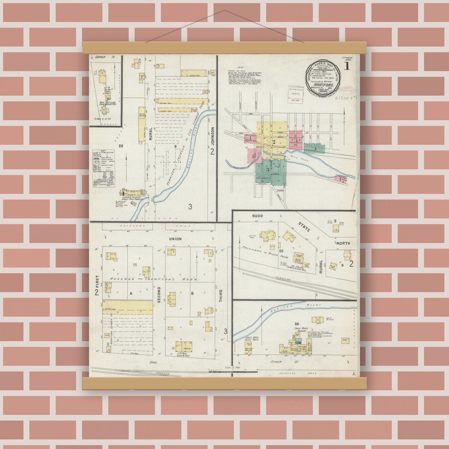 Old map wall art mockup — magnetic wood frame on brick wall — Sanborn Fire Insurance Map from Hartford, Washington County, Wisconsin (1897), Sheet #0001