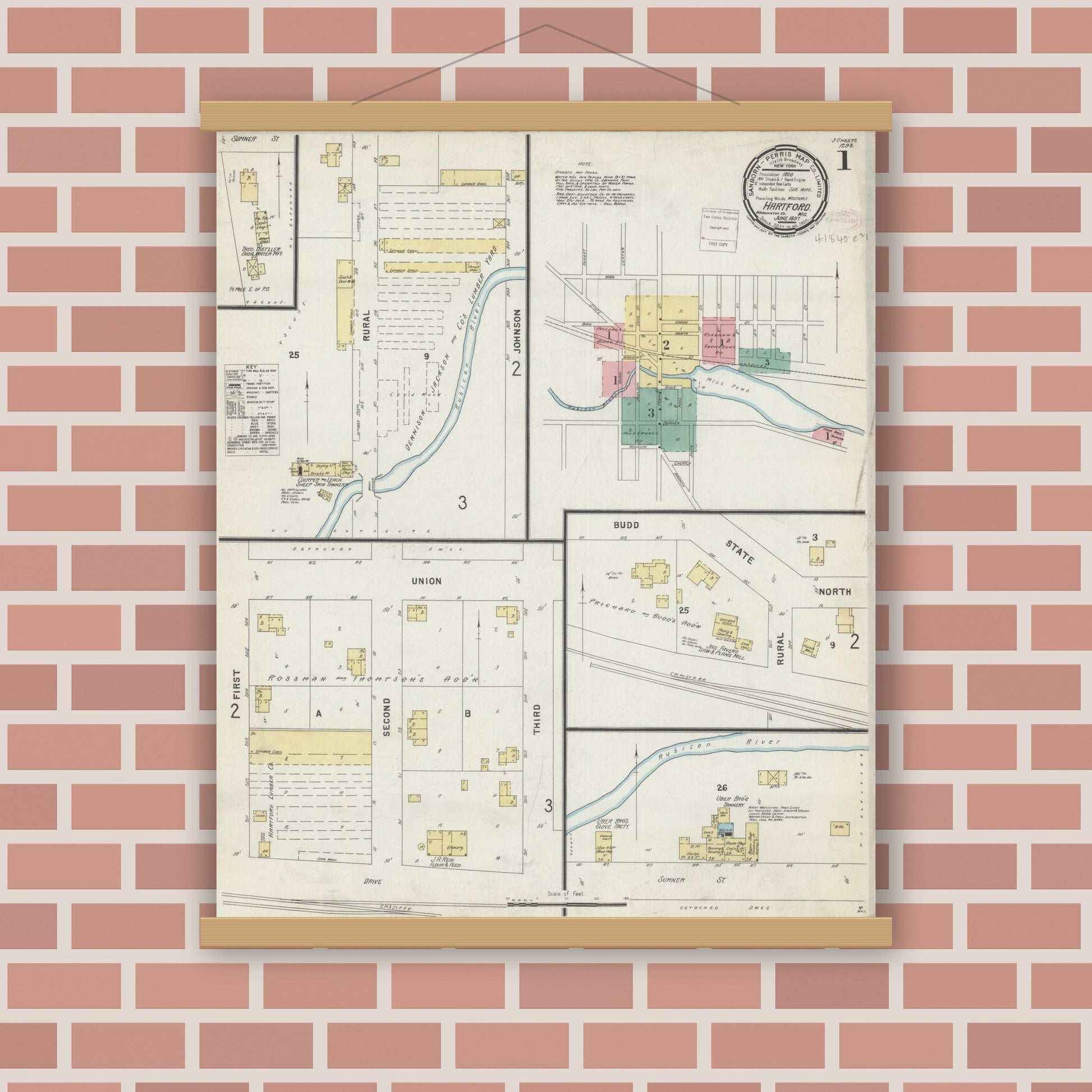 Old map wall art mockup — magnetic wood frame on brick wall — Sanborn Fire Insurance Map from Hartford, Washington County, Wisconsin (1897), Sheet #0001