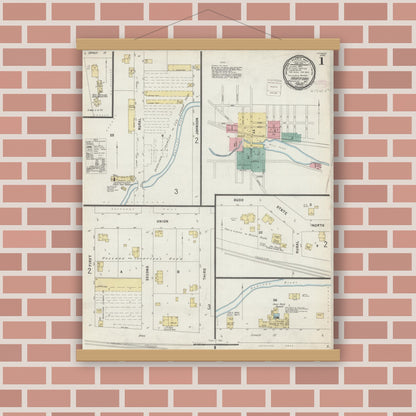 Old map wall art mockup — magnetic wood frame on brick wall — Sanborn Fire Insurance Map from Hartford, Washington County, Wisconsin (1897), Sheet #0001