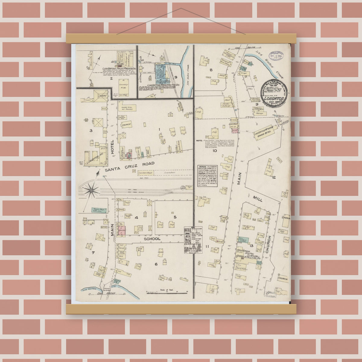 Old map wall art mockup — magnetic wood frame on brick wall — Sanborn Fire Insurance Map from Los Gatos, Santa Clara County, California (1884), Sheet #0001