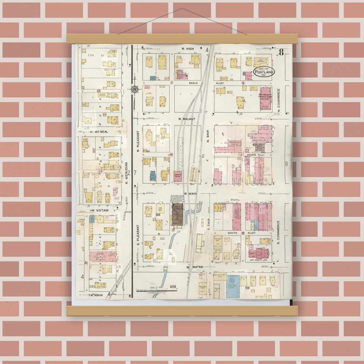 Old map wall art mockup — magnetic wood frame on brick wall — Sanborn Fire Insurance Map from Portland, Jay County, Indiana (1946), Sheet #0008