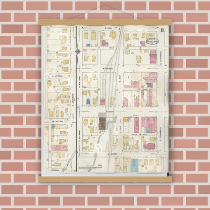 Old map wall art mockup — magnetic wood frame on brick wall — Sanborn Fire Insurance Map from Portland, Jay County, Indiana (1946), Sheet #0008
