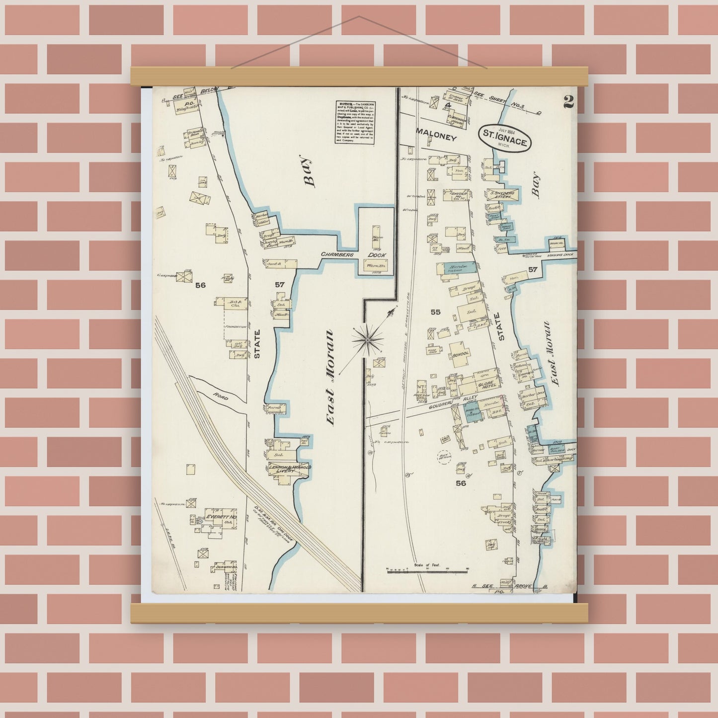 Old map wall art mockup — magnetic wood frame on brick wall — Sanborn Fire Insurance Map from Saint Ignace, Mackinac County, Michigan (1884), Sheet #0002