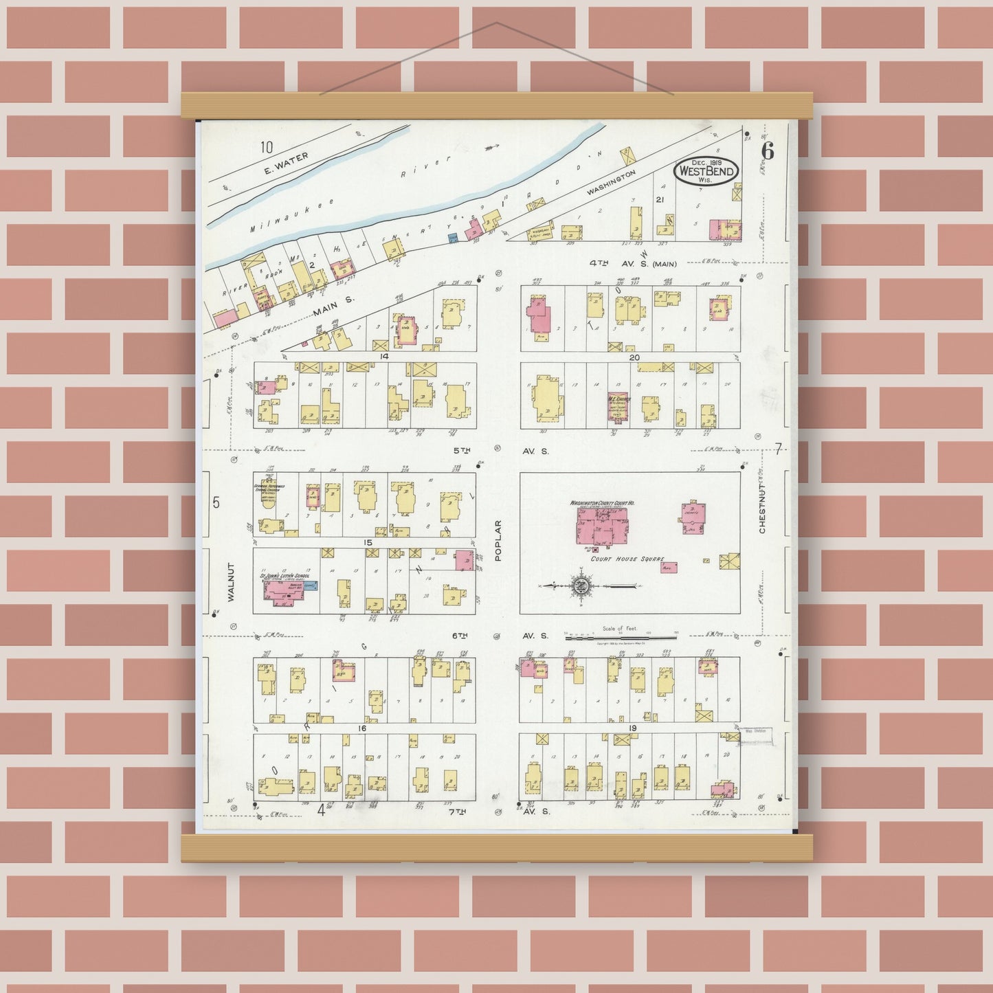 Old map wall art mockup — magnetic wood frame on brick wall — Sanborn Fire Insurance Map from West Bend, Washington County, Wisconsin (1919), Sheet #0006