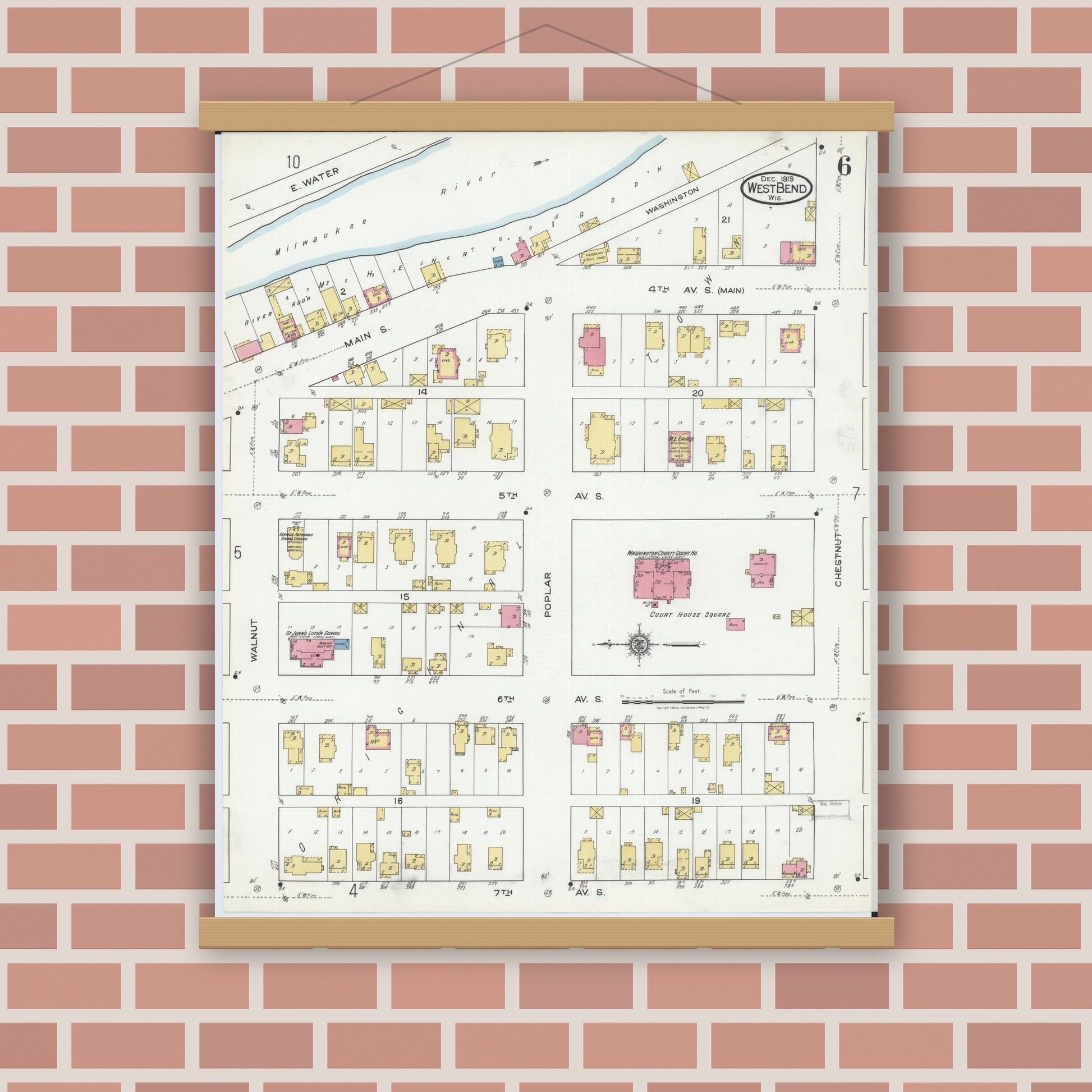 Old map wall art mockup — magnetic wood frame on brick wall — Sanborn Fire Insurance Map from West Bend, Washington County, Wisconsin (1919), Sheet #0006