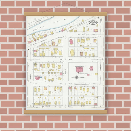 Old map wall art mockup — magnetic wood frame on brick wall — Sanborn Fire Insurance Map from West Bend, Washington County, Wisconsin (1919), Sheet #0006