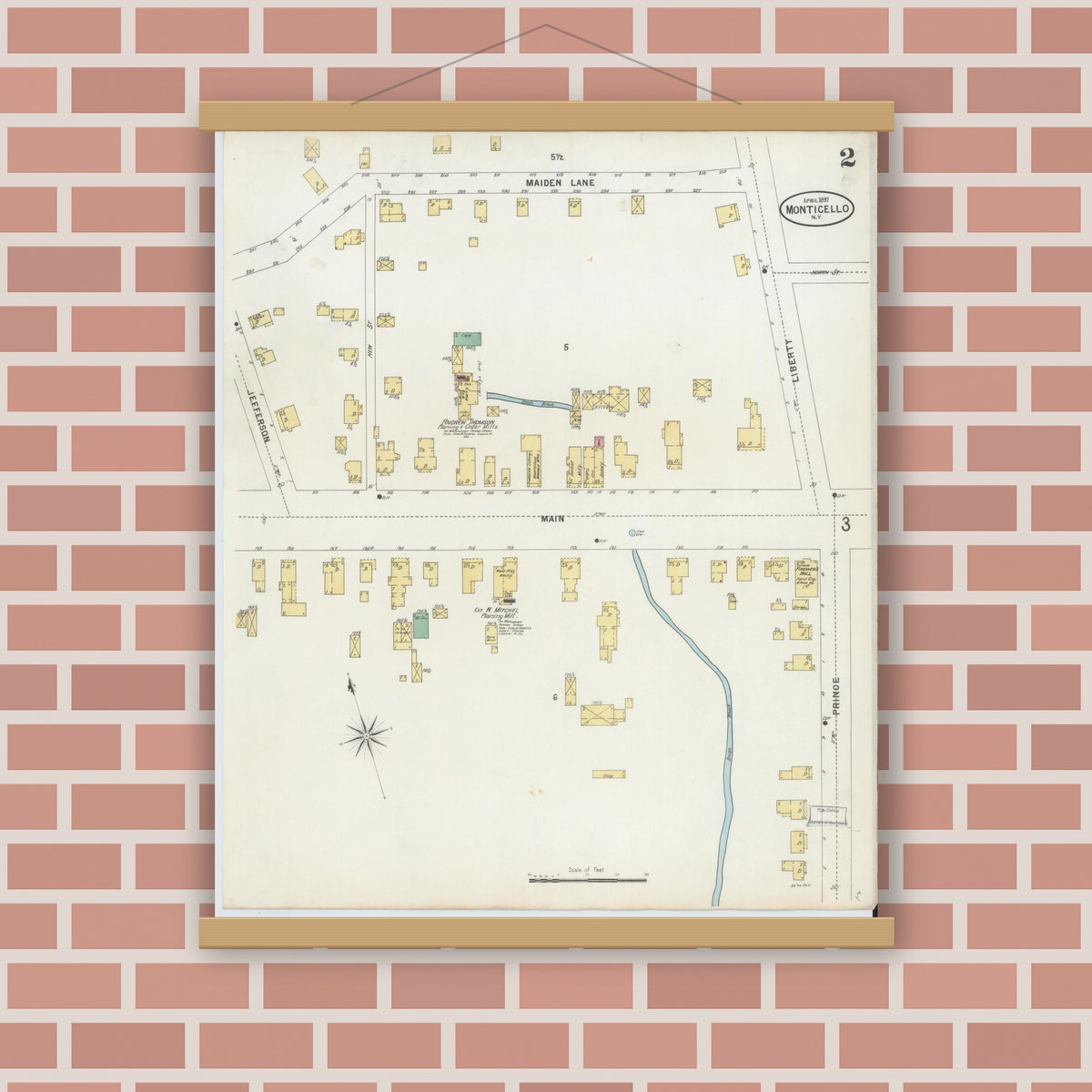 Old map wall art mockup — magnetic wood frame on brick wall — Sanborn Fire Insurance Map from Monticello, Sullivan County, New York (1897), Sheet #0002