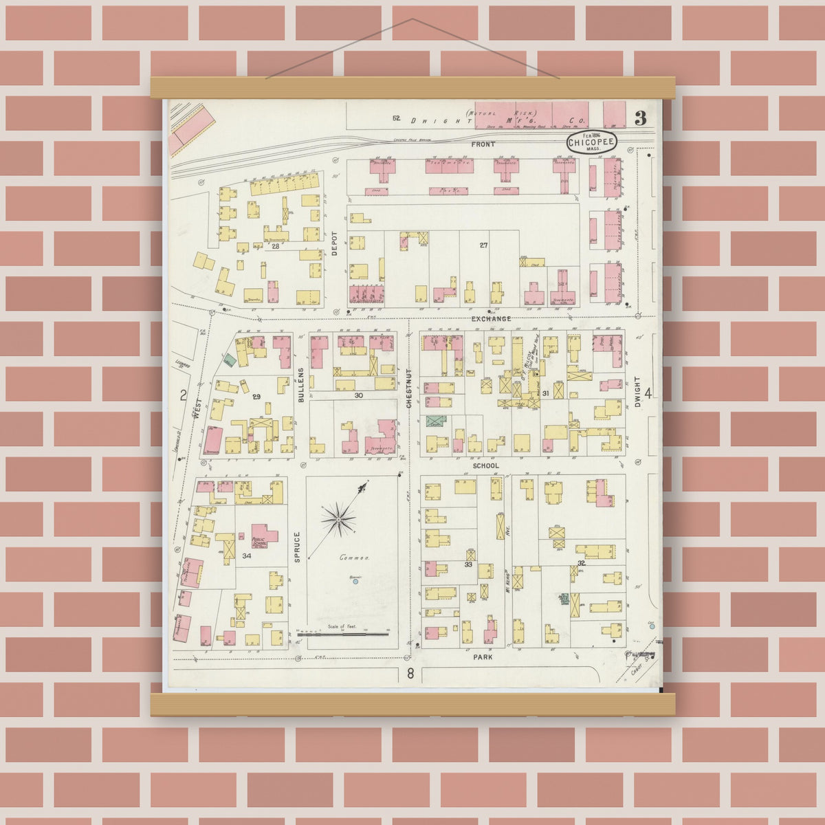 Old map wall art mockup — magnetic wood frame on brick wall — Sanborn Fire Insurance Map from Chicopee, Hampden County, Massachusetts (1896), Sheet #0003