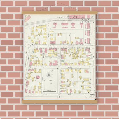 Old map wall art mockup — magnetic wood frame on brick wall — Sanborn Fire Insurance Map from Chicopee, Hampden County, Massachusetts (1896), Sheet #0003