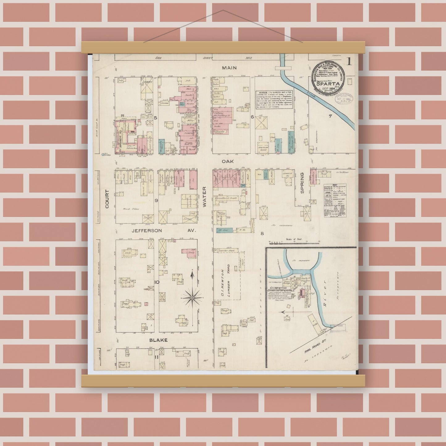 Old map wall art mockup — magnetic wood frame on brick wall — Sanborn Fire Insurance Map from Sparta, Monroe County, Wisconsin (1884), Sheet #0001