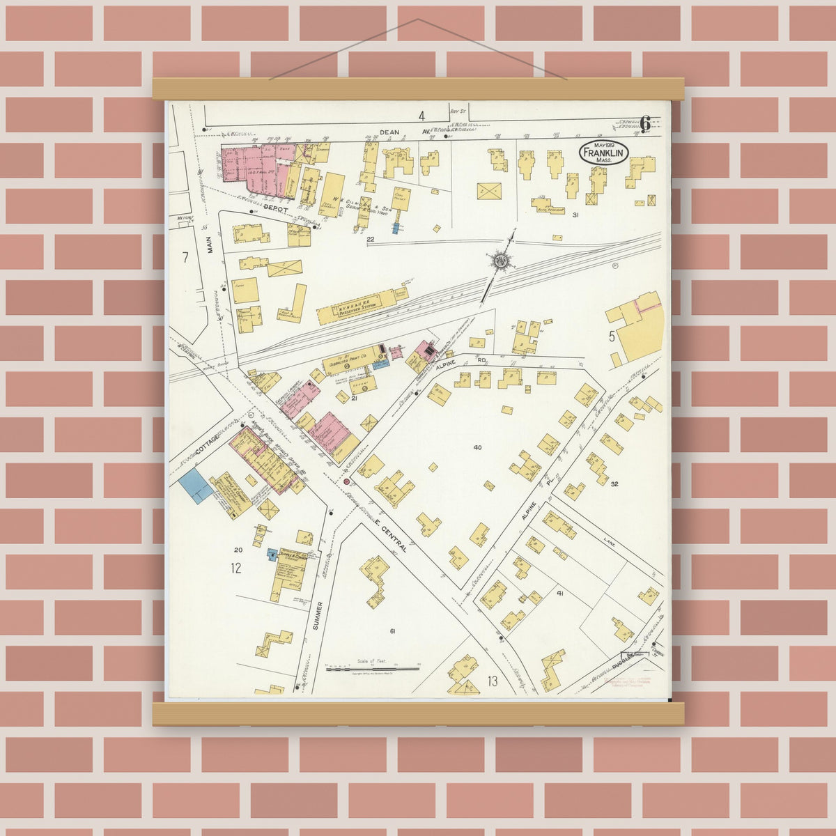 Old map wall art mockup — magnetic wood frame on brick wall — Sanborn Fire Insurance Map from Franklin, Norfolk County, Massachusetts (1919), Sheet #0006