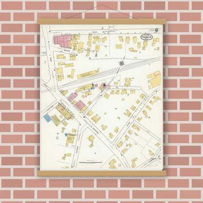 Old map wall art mockup — magnetic wood frame on brick wall — Sanborn Fire Insurance Map from Franklin, Norfolk County, Massachusetts (1919), Sheet #0006
