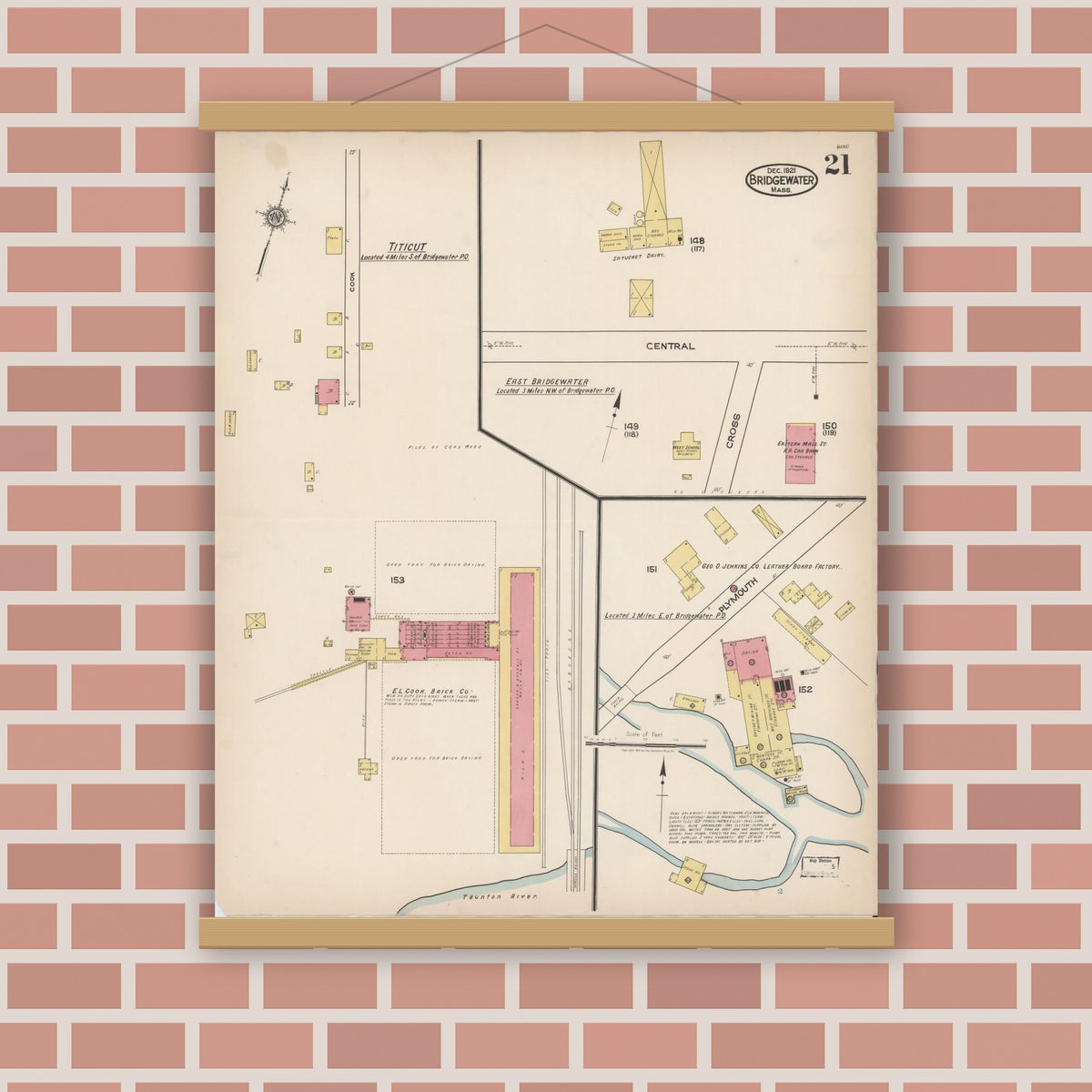 Old map wall art mockup — magnetic wood frame on brick wall — Sanborn Fire Insurance Map from Bridgewater, Plymouth County, Massachusetts (1921), Sheet #0021