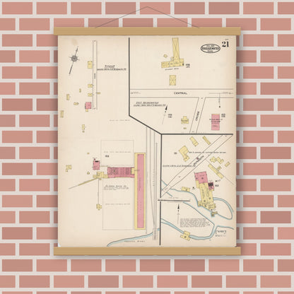 Old map wall art mockup — magnetic wood frame on brick wall — Sanborn Fire Insurance Map from Bridgewater, Plymouth County, Massachusetts (1921), Sheet #0021