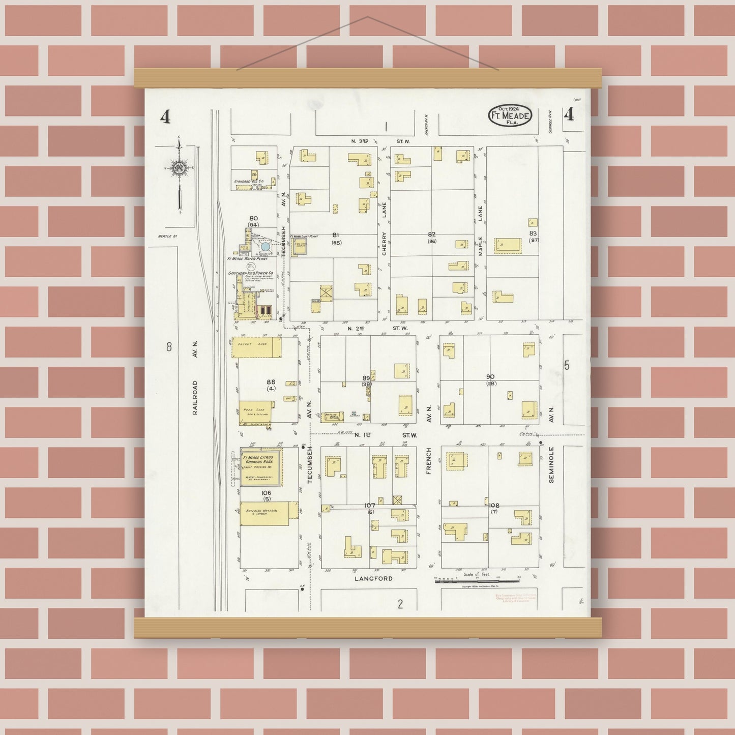 Old map wall art mockup — magnetic wood frame on brick wall — Sanborn Fire Insurance Map from Fort Meade, Polk County, Florida (1924), Sheet #0004