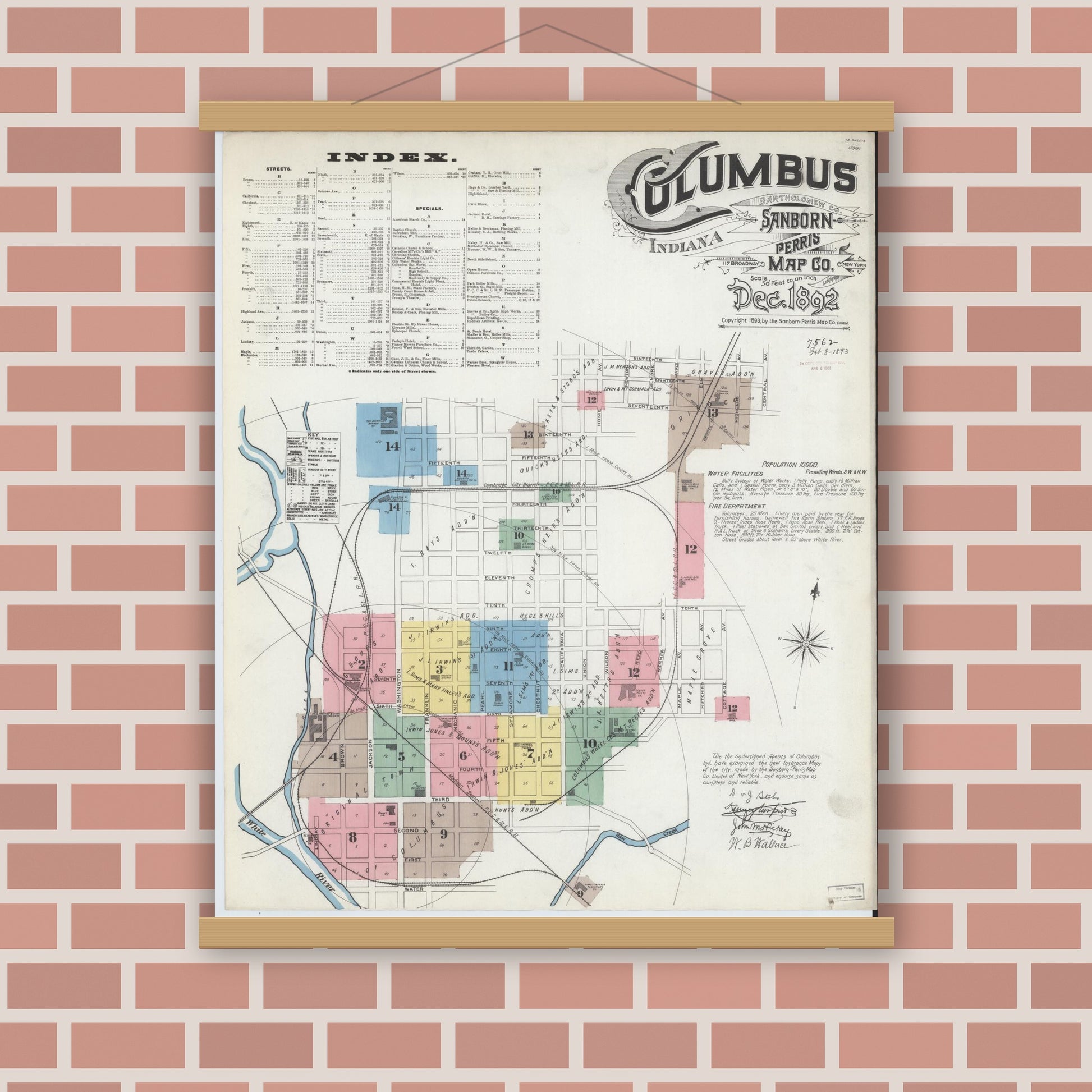 Old map wall art mockup — magnetic wood frame on brick wall — Sanborn Fire Insurance Map from Columbus, Bartholomew County, Indiana (1892) - Complete Map Set