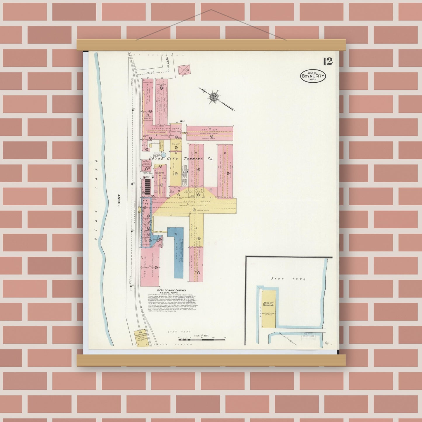 Old map wall art mockup — magnetic wood frame on brick wall — Sanborn Fire Insurance Map from Boyne City, Charlevoix County, Michigan (1911), Sheet #0012