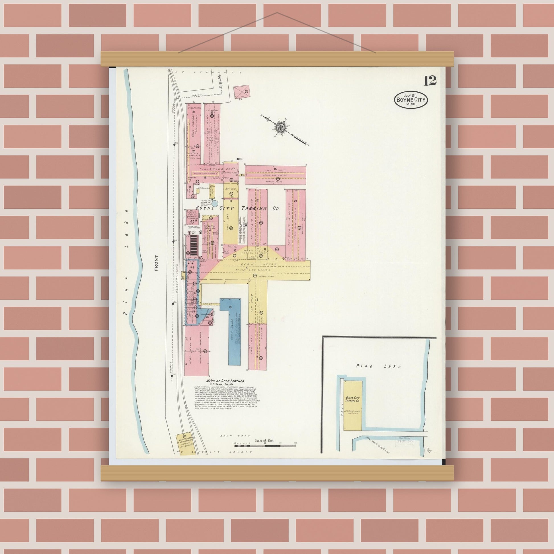 Old map wall art mockup — magnetic wood frame on brick wall — Sanborn Fire Insurance Map from Boyne City, Charlevoix County, Michigan (1911), Sheet #0012