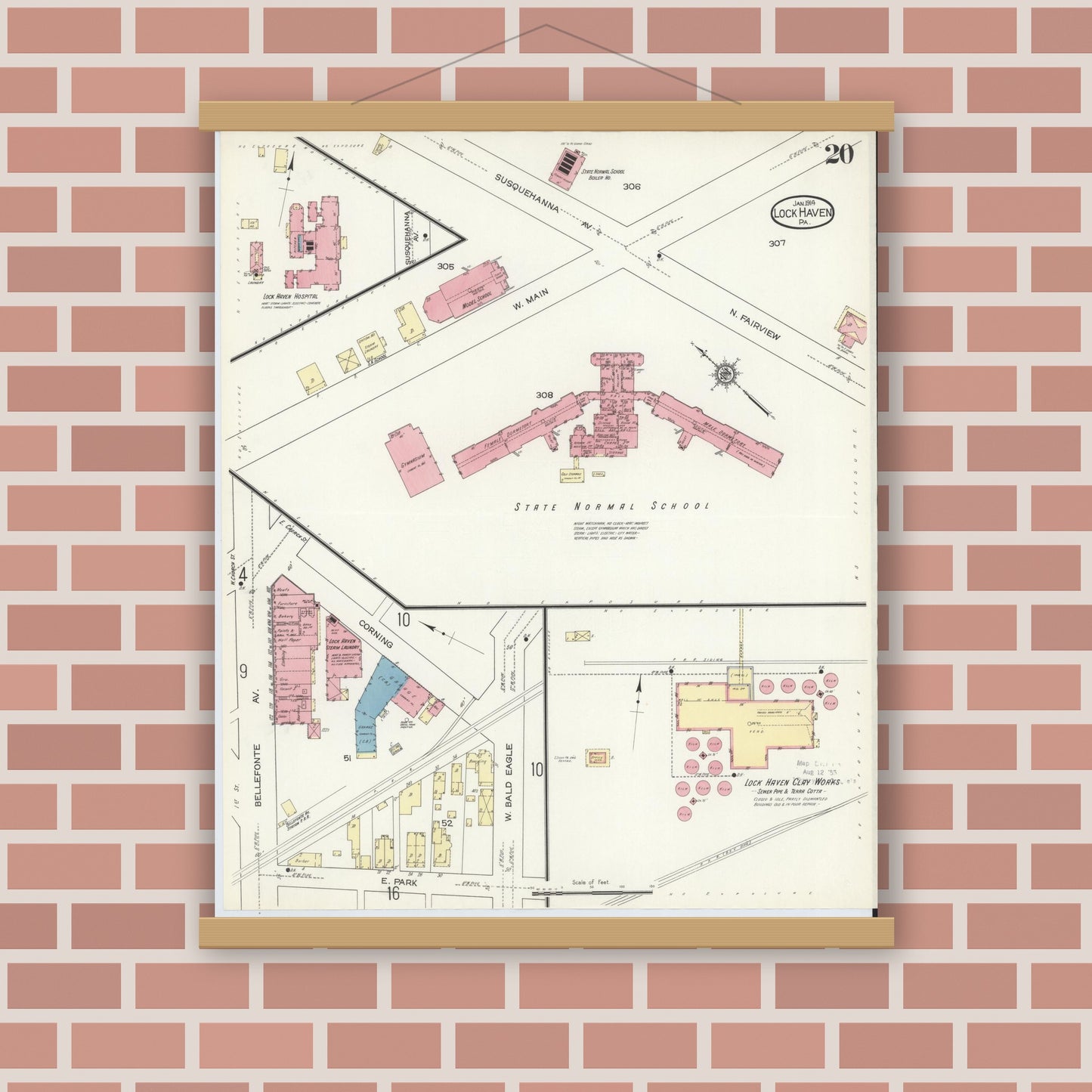 Old map wall art mockup — magnetic wood frame on brick wall — Sanborn Fire Insurance Map from Lock Haven, Clinton County, Pennsylvania (1914), Sheet #0020
