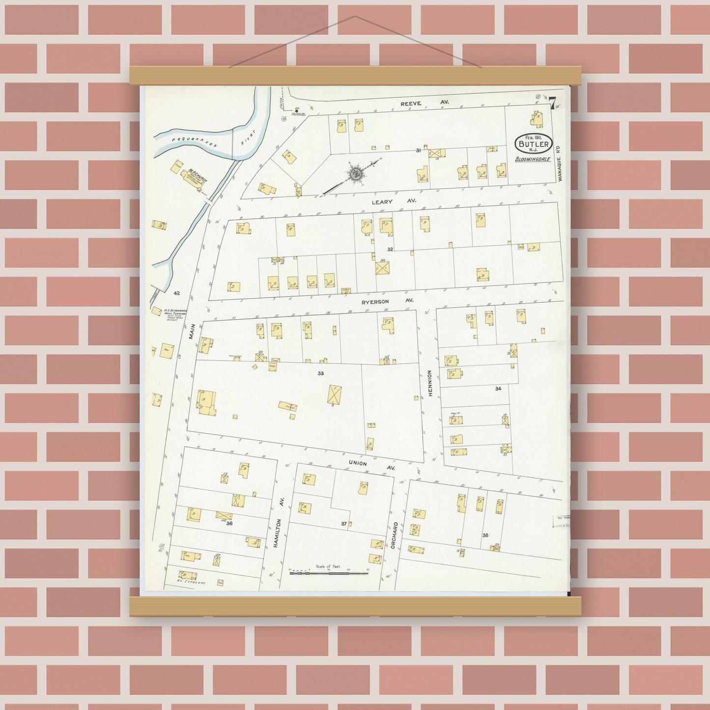 Old map wall art mockup — magnetic wood frame on brick wall — Sanborn Fire Insurance Map from Butler, Morris County, New Jersey (1911), Sheet #0007