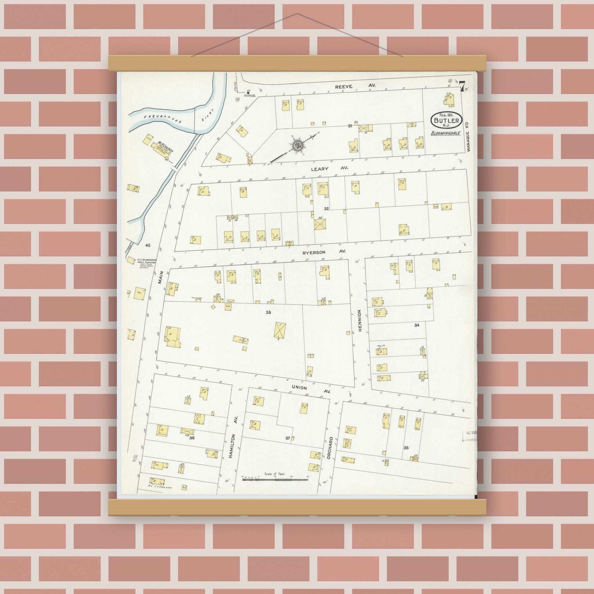 Old map wall art mockup — magnetic wood frame on brick wall — Sanborn Fire Insurance Map from Butler, Morris County, New Jersey (1911), Sheet #0007