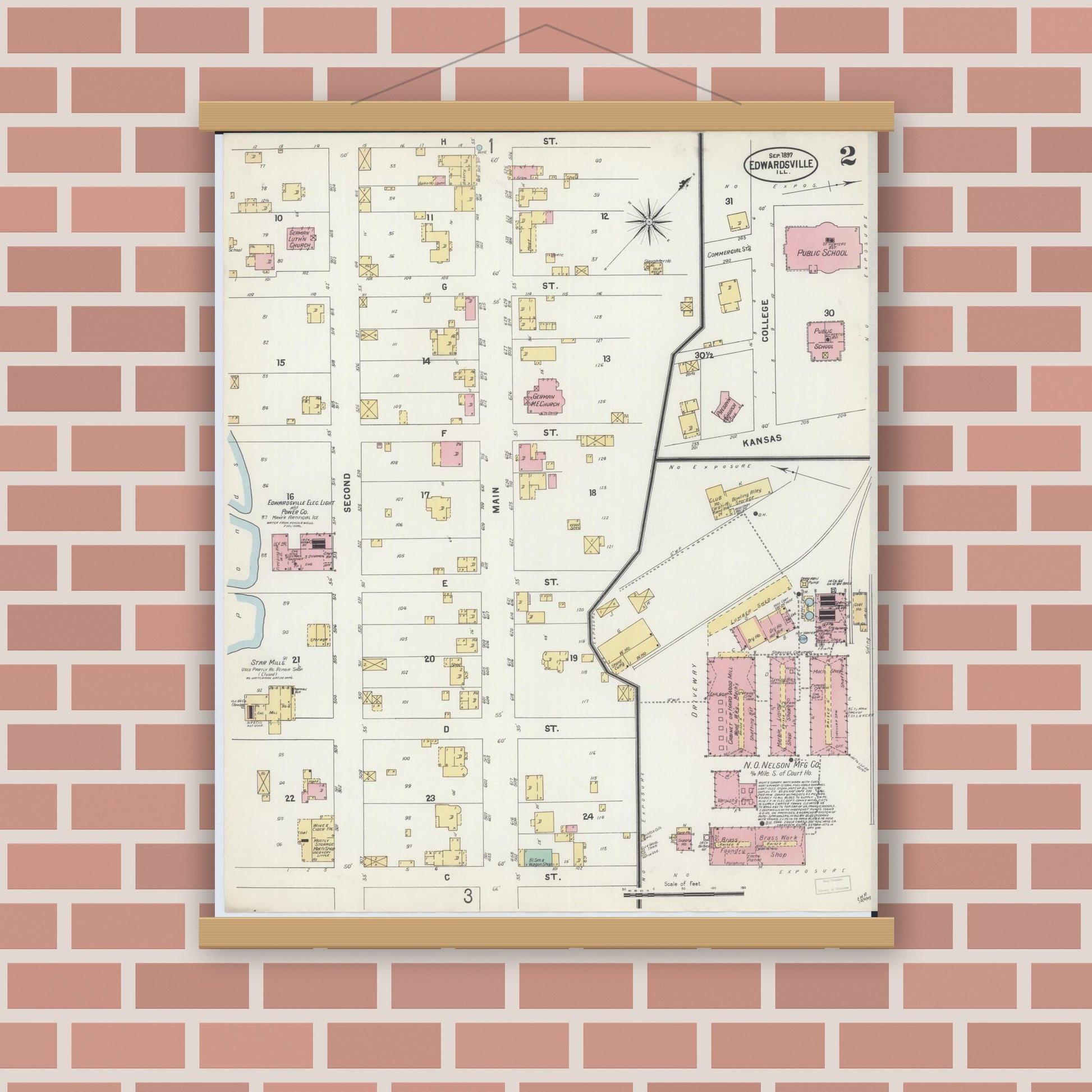 Old map wall art mockup — magnetic wood frame on brick wall — Sanborn Fire Insurance Map from Edwardsville, Madison County, Illinois (1897), Sheet #0002
