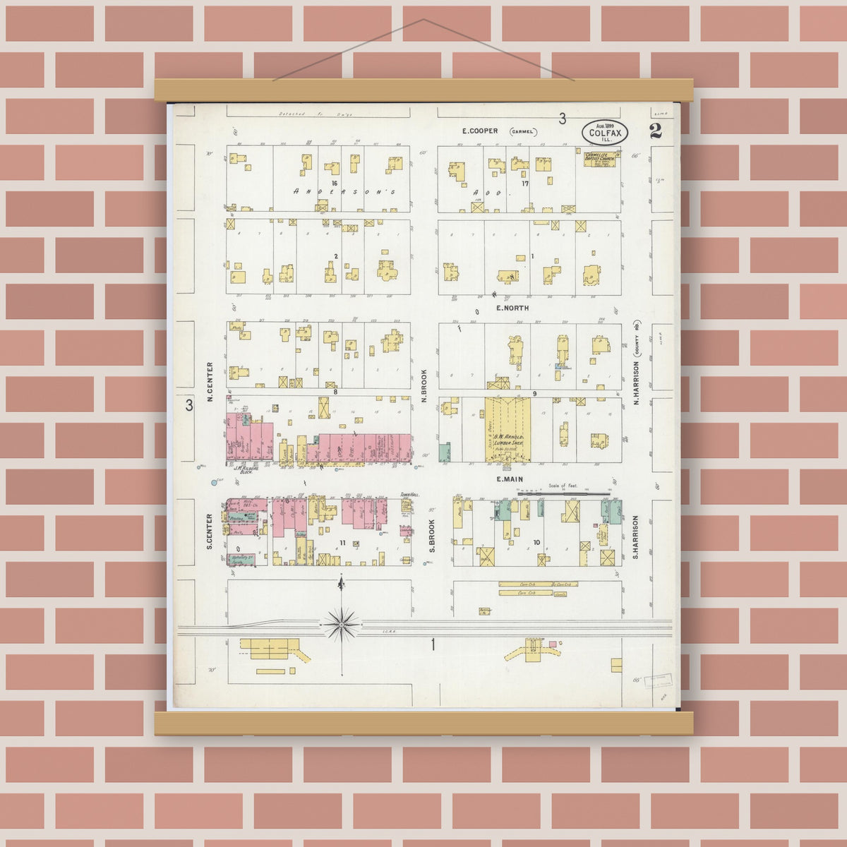 Old map wall art mockup — magnetic wood frame on brick wall — Sanborn Fire Insurance Map from Colfax, McLean County, Illinois (1899), Sheet #0002