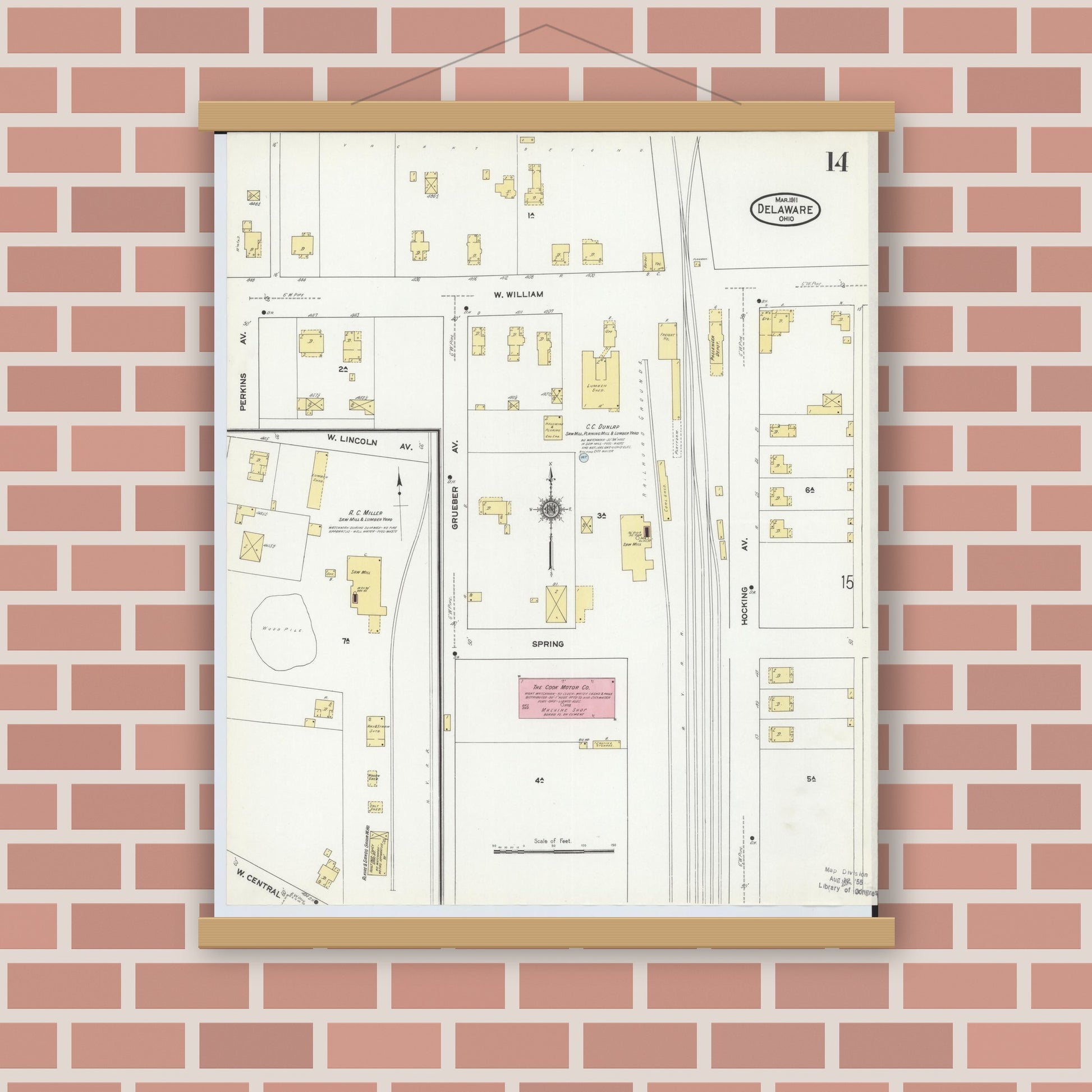 Old map wall art mockup — magnetic wood frame on brick wall — Sanborn Fire Insurance Map from Delaware, Delaware County, Ohio (1911), Sheet #0014
