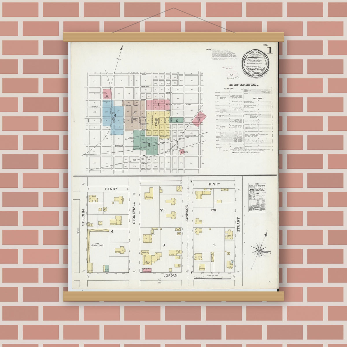 Old map wall art mockup — magnetic wood frame on brick wall — Sanborn Fire Insurance Map from Greenville, Hunt County, Texas (1893) - Complete Map Set