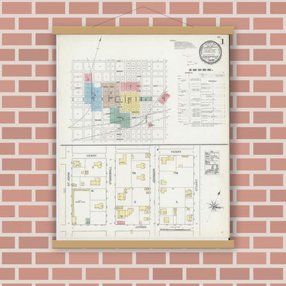 Old map wall art mockup — magnetic wood frame on brick wall — Sanborn Fire Insurance Map from Greenville, Hunt County, Texas (1893) - Complete Map Set