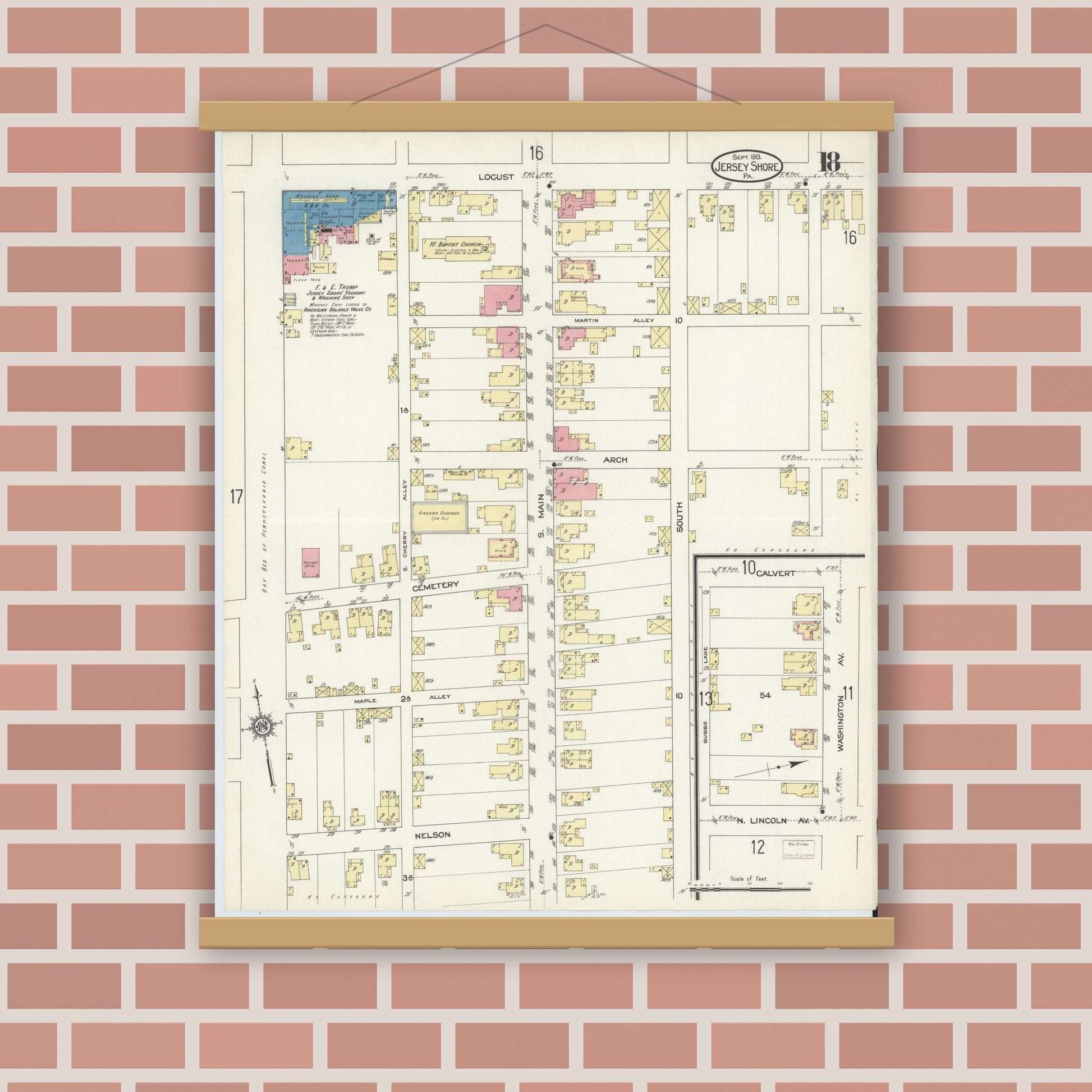 Old map wall art mockup — magnetic wood frame on brick wall — Sanborn Fire Insurance Map from Jersey Shore, Lycoming County, Pennsylvania (1913), Sheet #0018