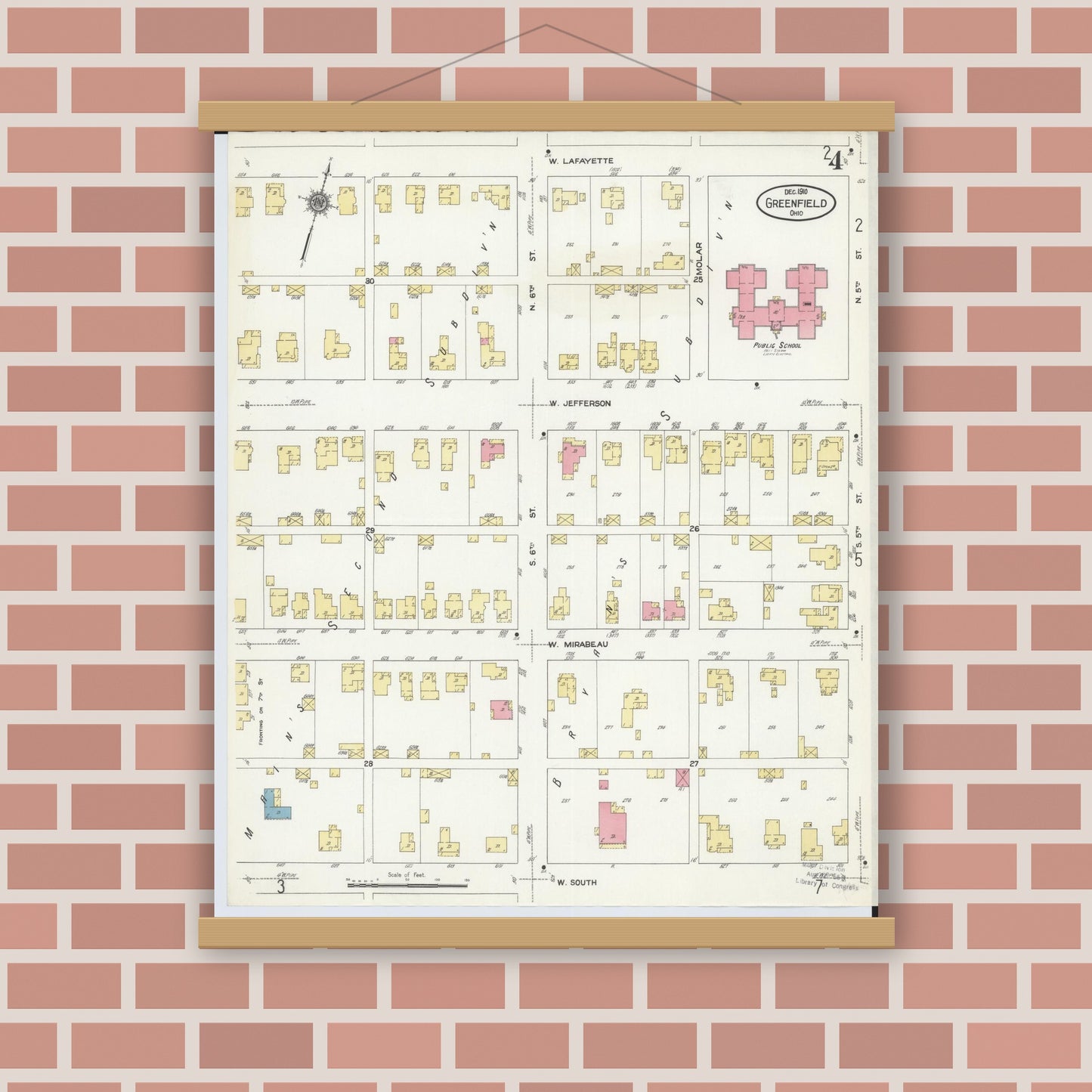 Old map wall art mockup — magnetic wood frame on brick wall — Sanborn Fire Insurance Map from Greenfield, Highland County, Ohio (1910), Sheet #0004