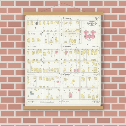 Old map wall art mockup — magnetic wood frame on brick wall — Sanborn Fire Insurance Map from Greenfield, Highland County, Ohio (1910), Sheet #0004