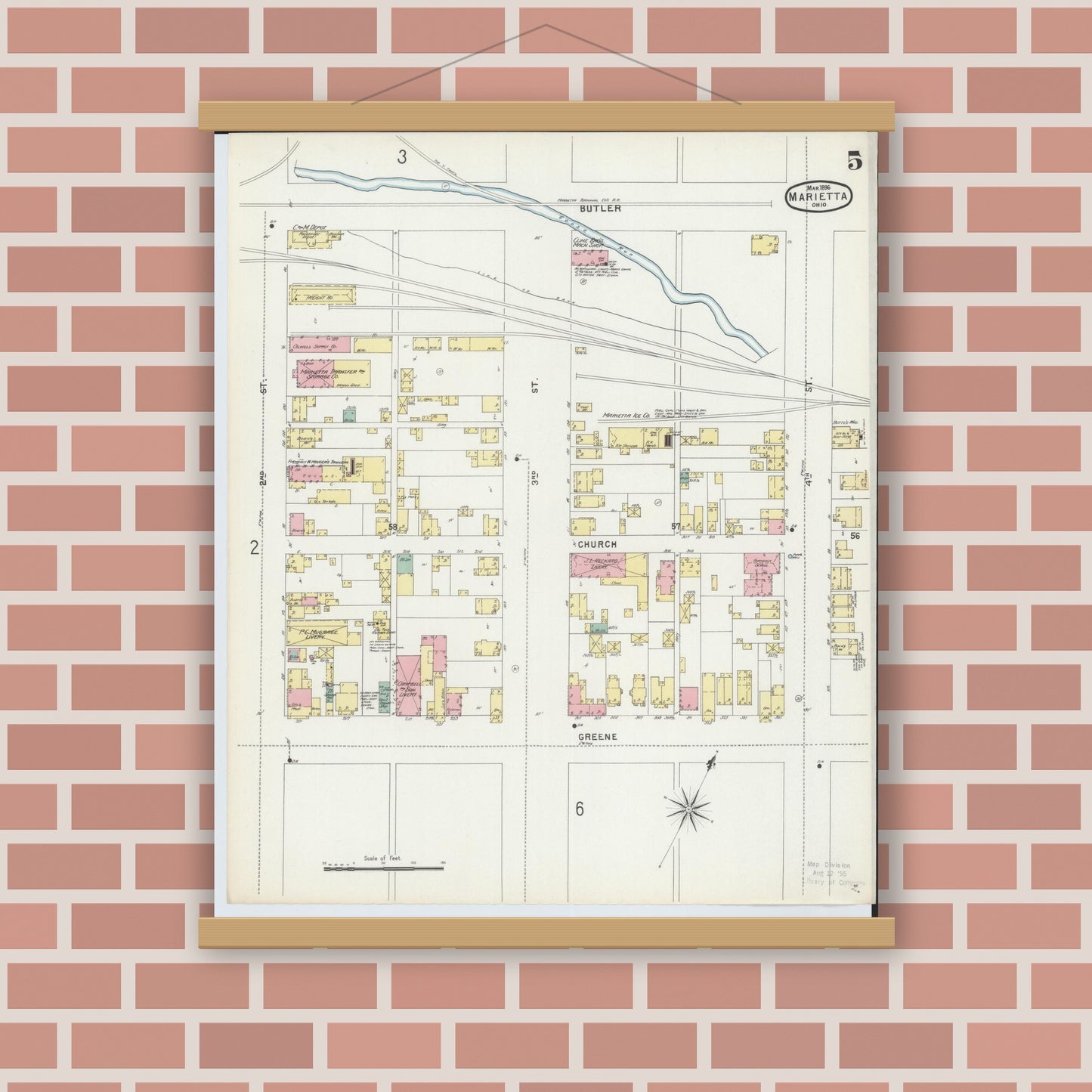 Old map wall art mockup — magnetic wood frame on brick wall — Sanborn Fire Insurance Map from Marietta, Washington County, Ohio (1896), Sheet #0005