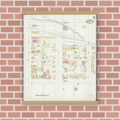 Old map wall art mockup — magnetic wood frame on brick wall — Sanborn Fire Insurance Map from Marietta, Washington County, Ohio (1896), Sheet #0005