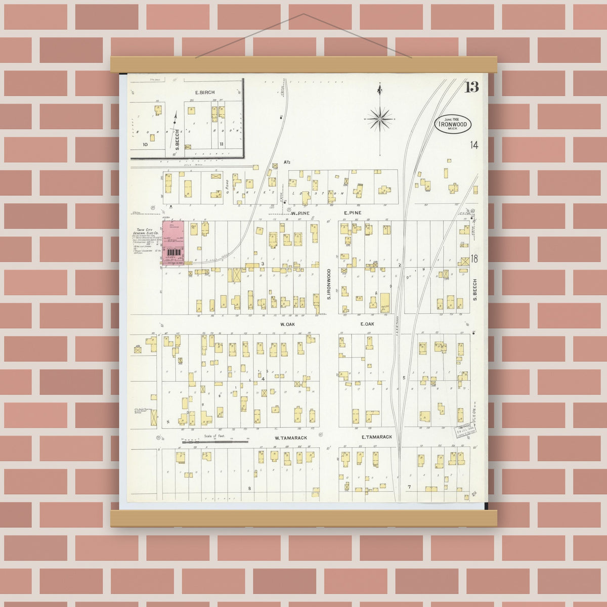 Old map wall art mockup — magnetic wood frame on brick wall — Sanborn Fire Insurance Map from Ironwood, Gogebic County, Michigan (1908), Sheet #0013