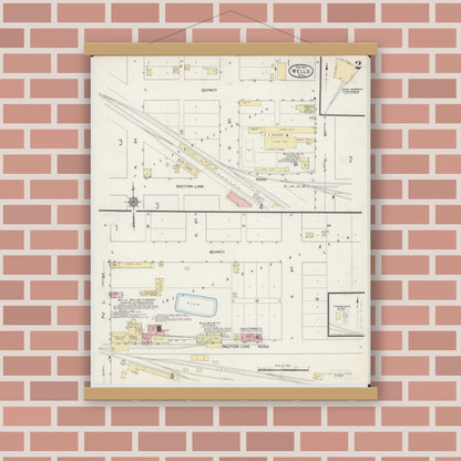 Old map wall art mockup — magnetic wood frame on brick wall — Sanborn Fire Insurance Map from Wells, Faribault County, Minnesota (1914), Sheet #0002